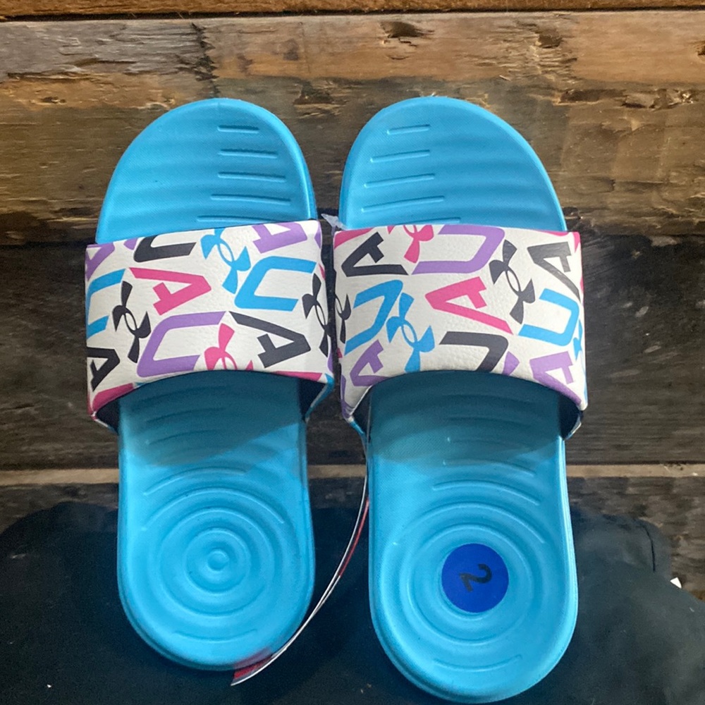 Under Armour Ansa Graphic Youth Girl Slide Sandals Size 2 Blue, White NWT  pink